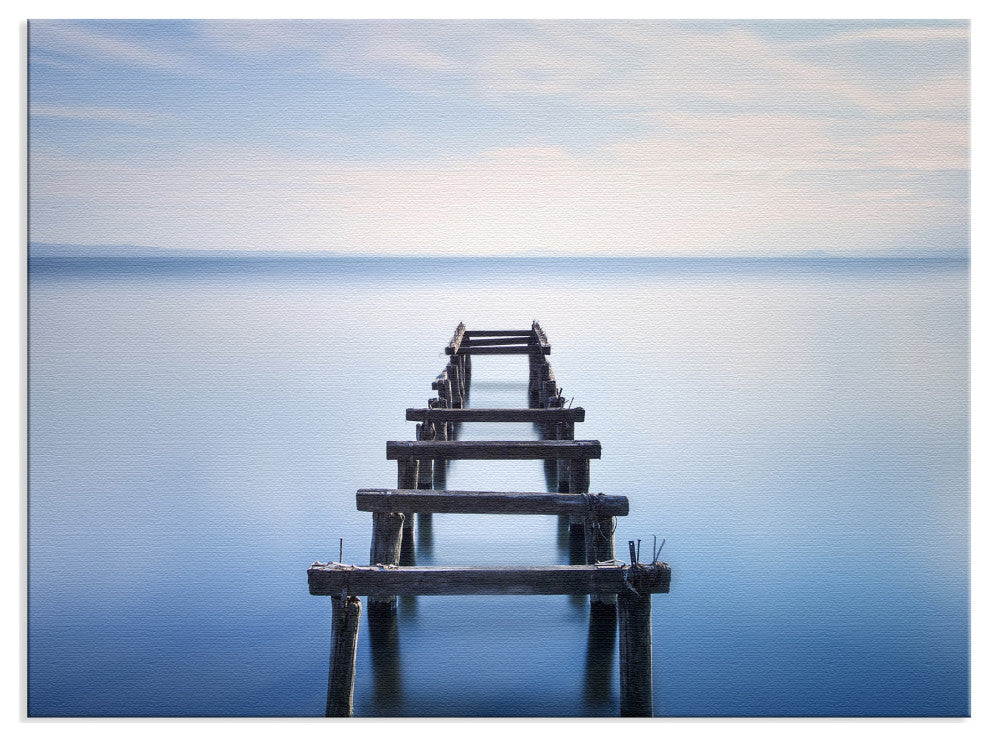 Soft Blue Lake and Abandoned Pier Coastal Landscape Photo Canvas Wall Art Print, 24" X 36"