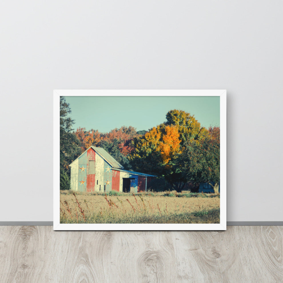 Patriotic Weathered Barn in Field Cross Processed Framed Photo Wall Art Prints, White, 16" X 20"
