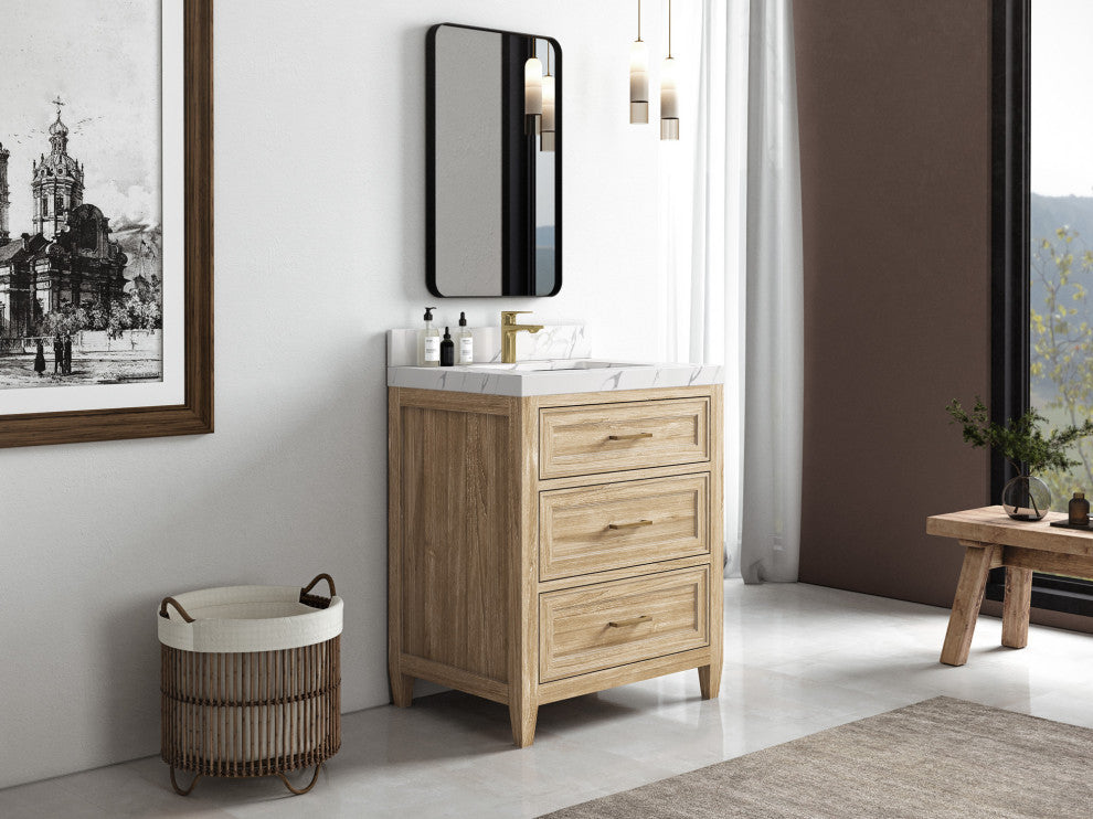 Santa Monica 30 Single Sink Bath Vanity in Whitewashed Teak 1.5" White Quartz