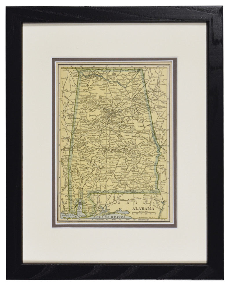 Vintage Alabama State Map, Framed Original Alabama Map - Authentic 1920s