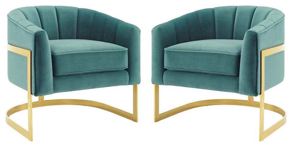 Armchair Accent Chair, Set of 2, Velvet, Metal, Teal Blue, Modern, Lounge