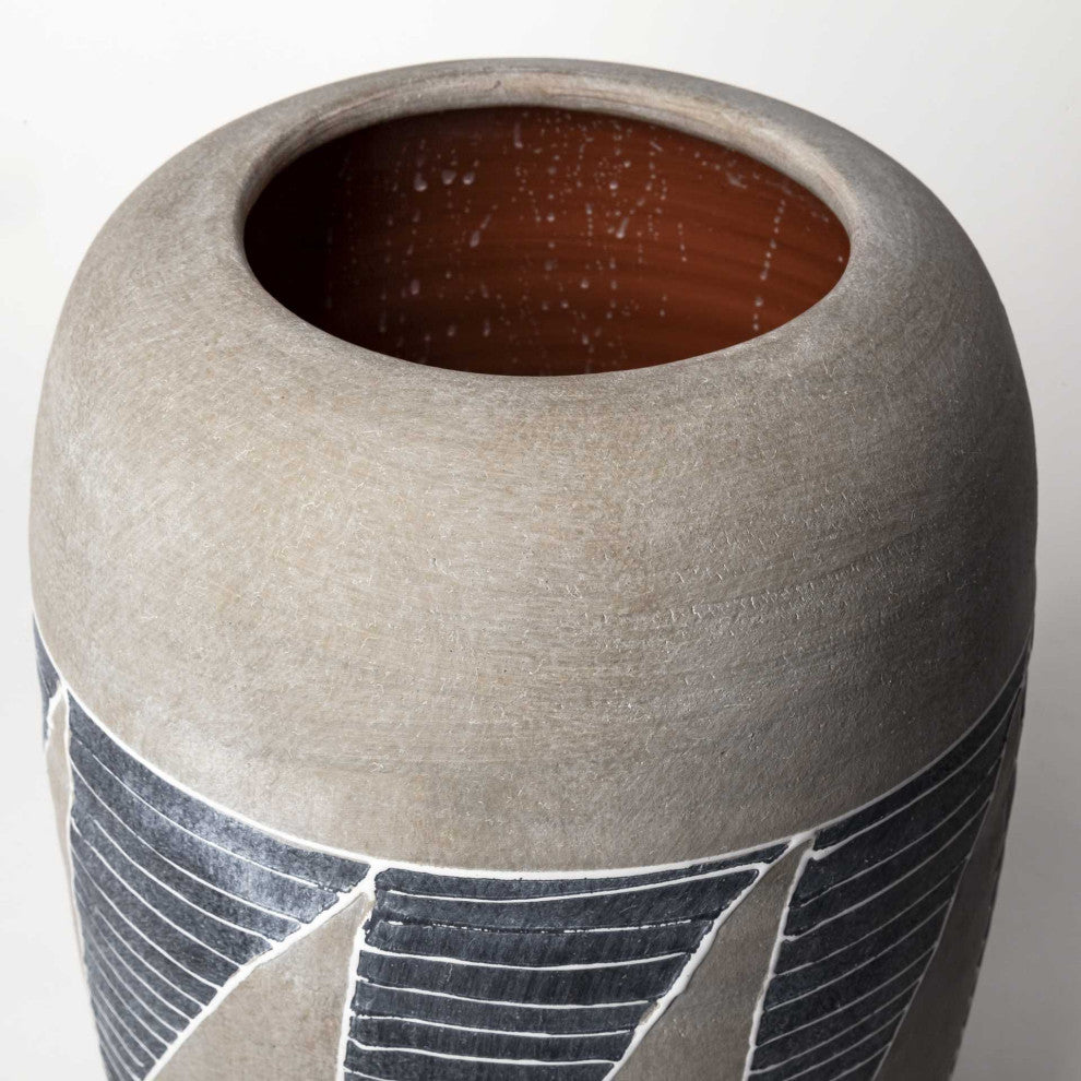 15" Brown And Gray Geometric Tribal Ceramic Table Vase