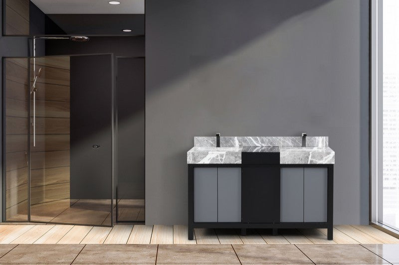 Zilara 55" Black and Grey Double Vanity, Balzani Gun Metal Faucet Set