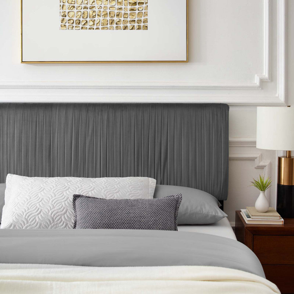 Platform Bed Frame, King Size, Velvet, Dark Gray, Modern Contemporary