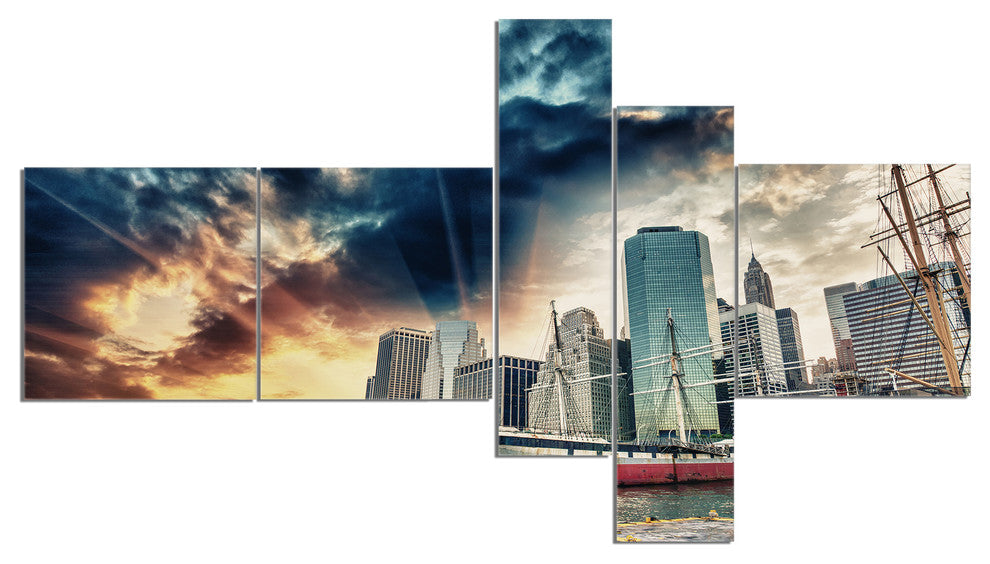 Sunset Colors of Manhattan, Cityscape Photo Canvas Print, 60"x32", 5 panels