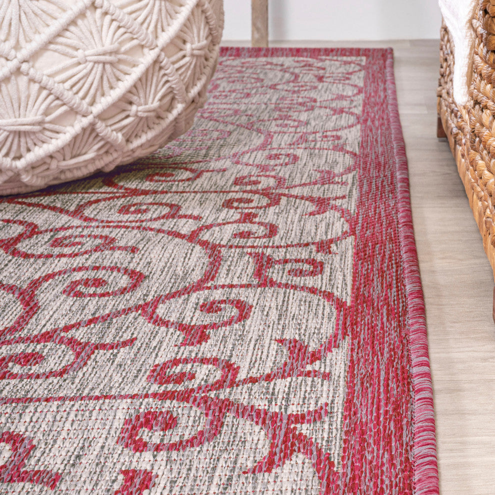 Madrid Vintage Filigree Textured Weave Indoor/Outdoor, Light Gray/Fuchsia, 5' Square