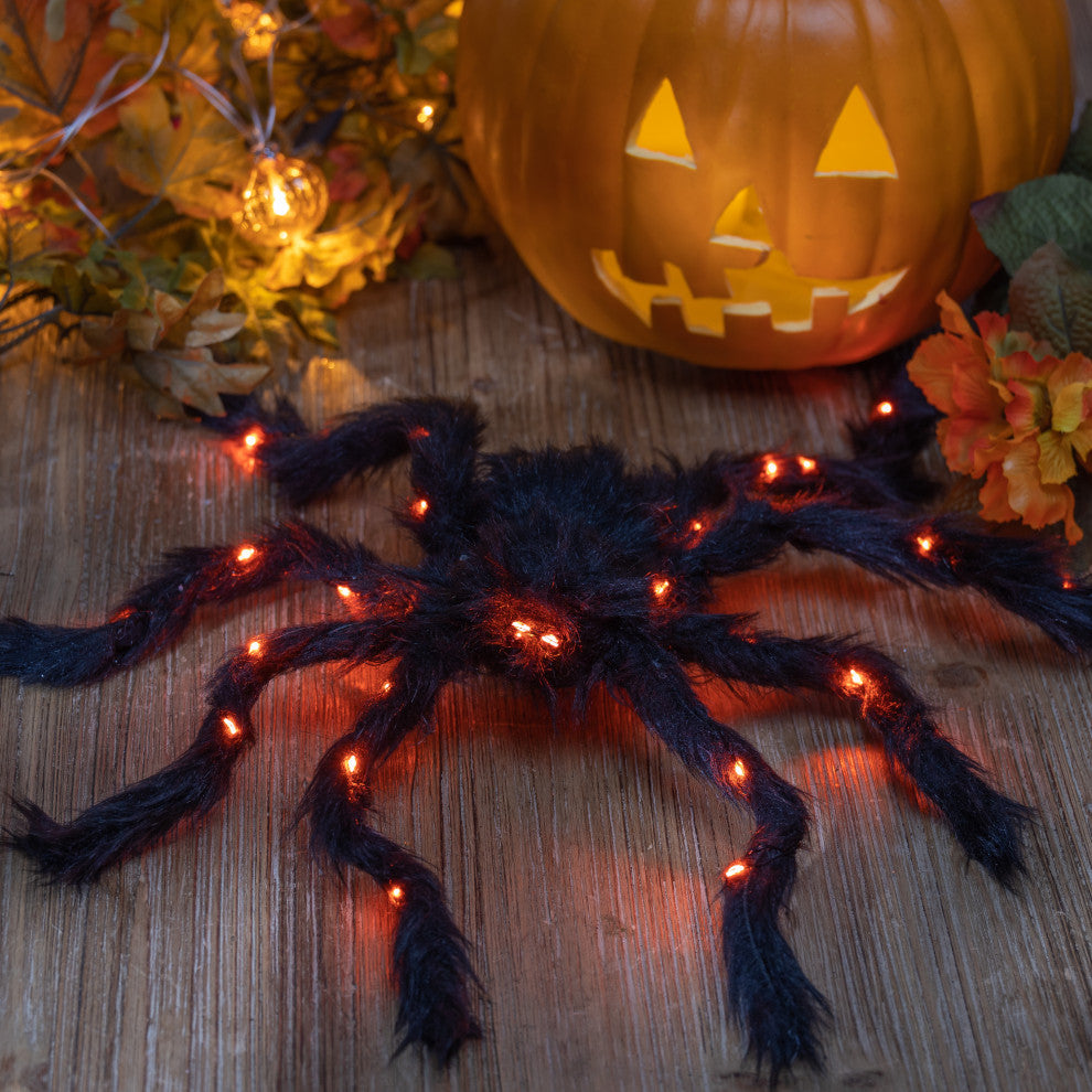 Set of 2, 19.68" Fuzzy Spider With Purple Micro LED Lights