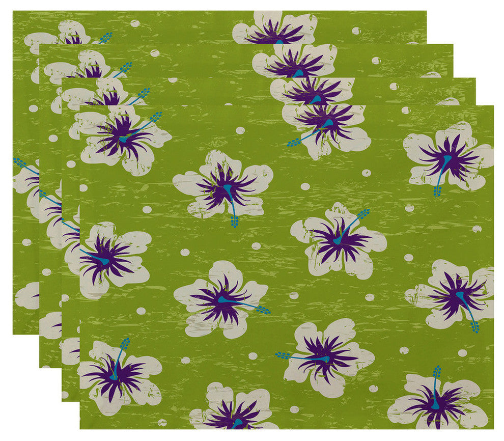 18"x14" Hibiscus Blooms, Floral Print Pacemat, Light Green, Set of 4