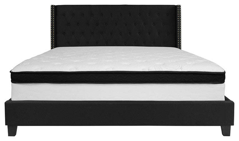 King Size Tufted Platform Bed in Black Fabric with Memory Foam Mattress
