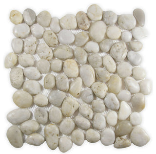 Polished White Pebble Tile, 12x12 Mesh Backing, Natural Stone for Shower & More