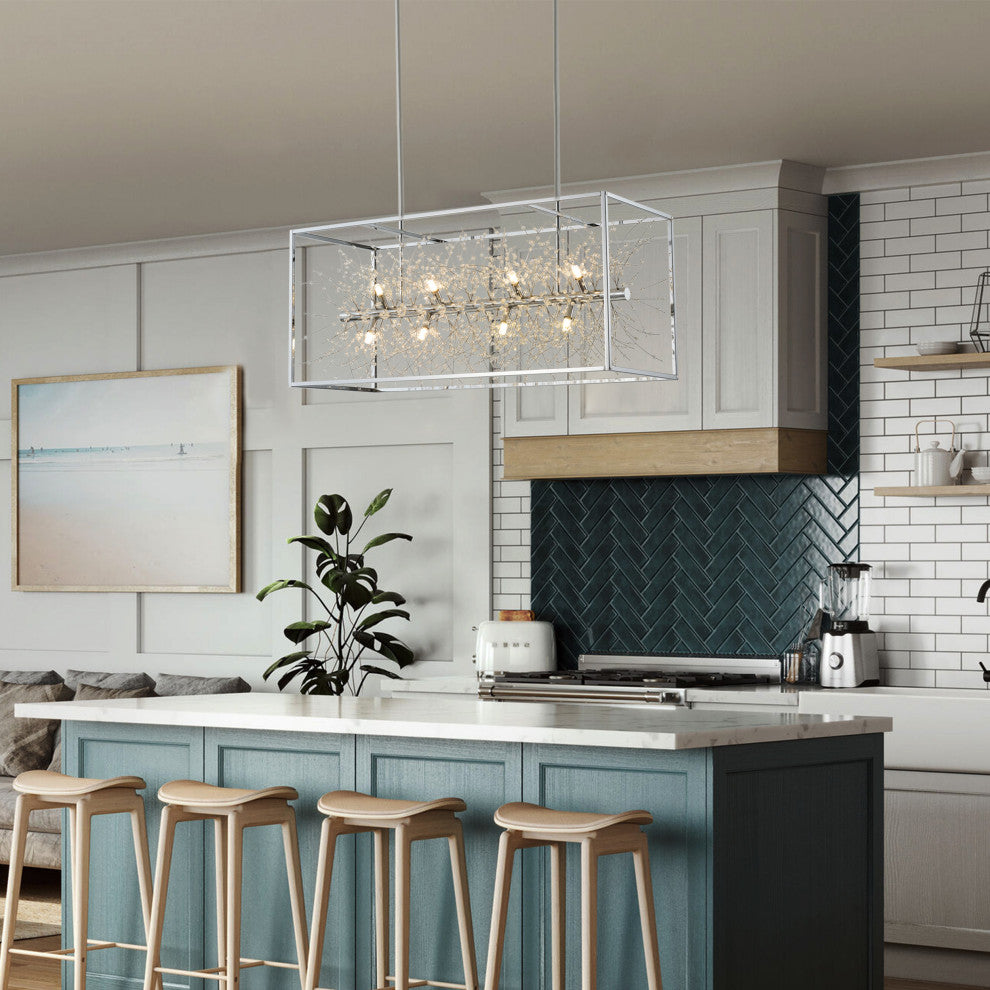 Farmhouse 12-Light Rectangle Kitchen Island Chandelier with Crystal Branch, Chrome