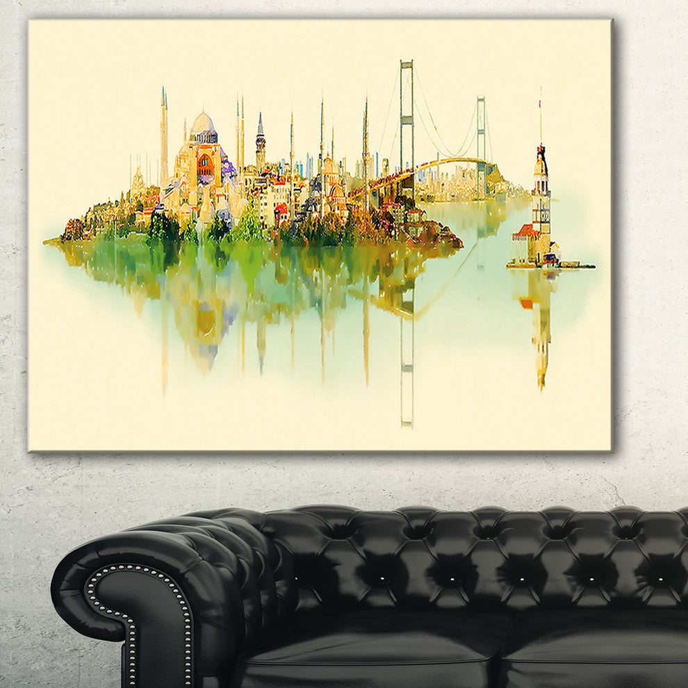 "Istanbul Panoramic View" Cityscape Watercolor Canvas Print, 40"x20"