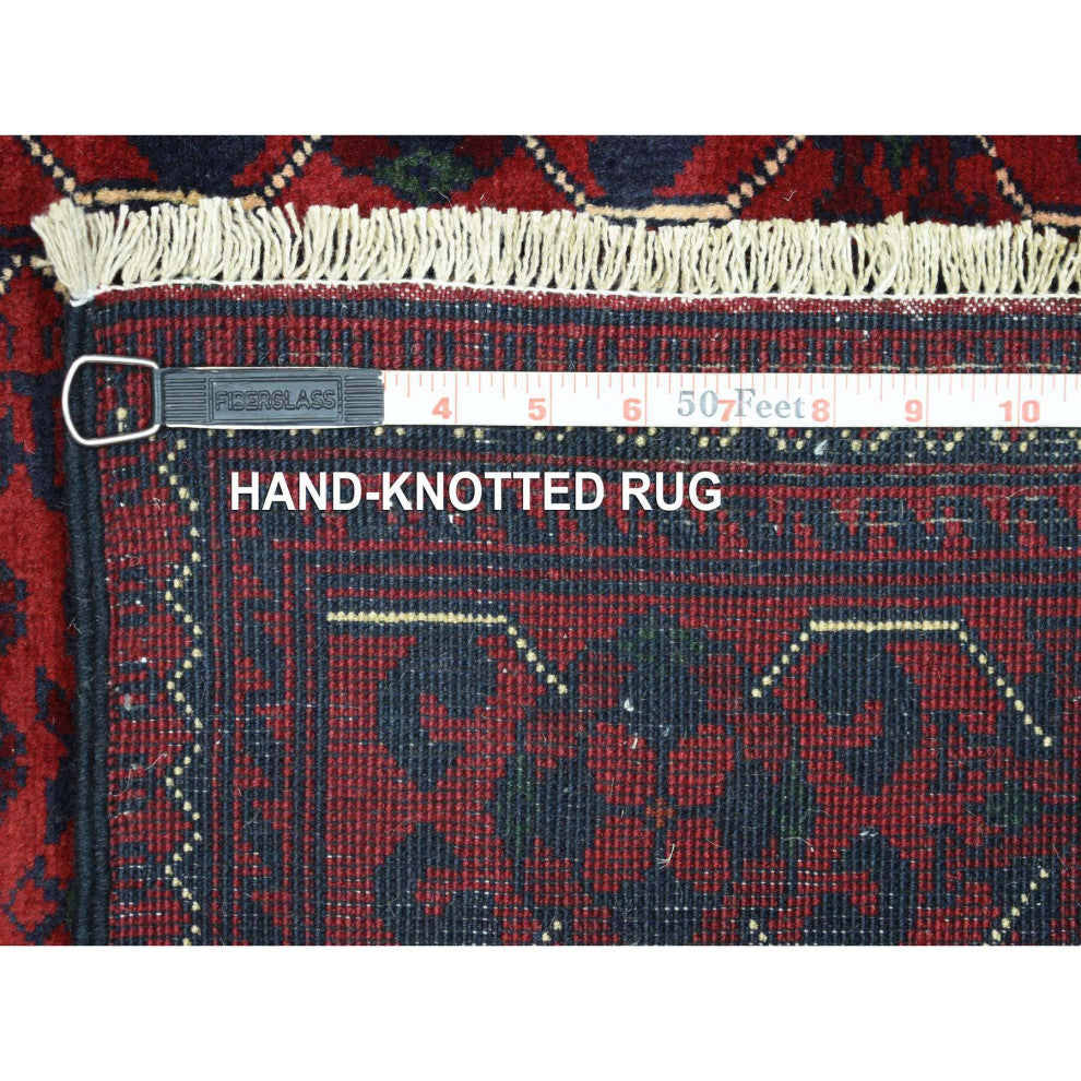 Red Afghan Khamyab Pure Wool Tribal Design Hand Knotted Runner Rug, 2'8"x12'9"