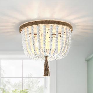 12.6" W 3-Light Bohemia Antique White Wood Beaded Flush Mount Ceiling Light