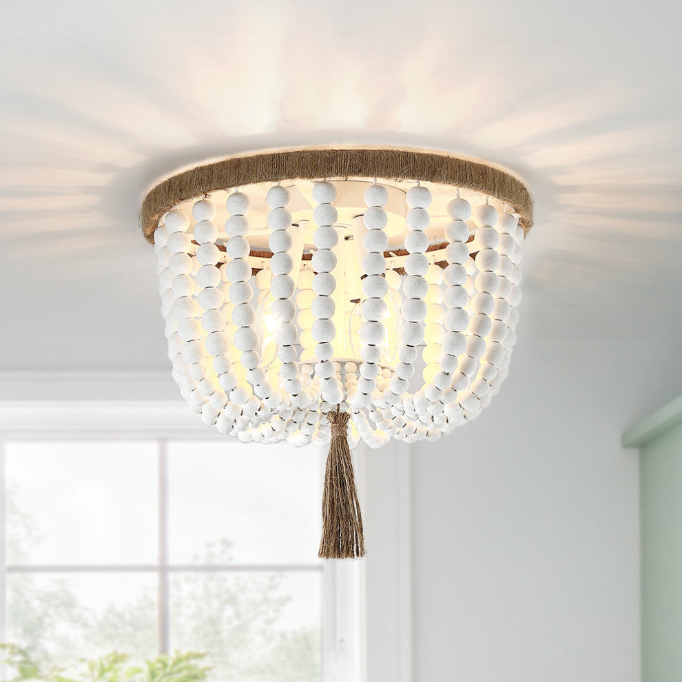 12.6" W 3-Light Bohemia Antique White Wood Beaded Flush Mount Ceiling Light
