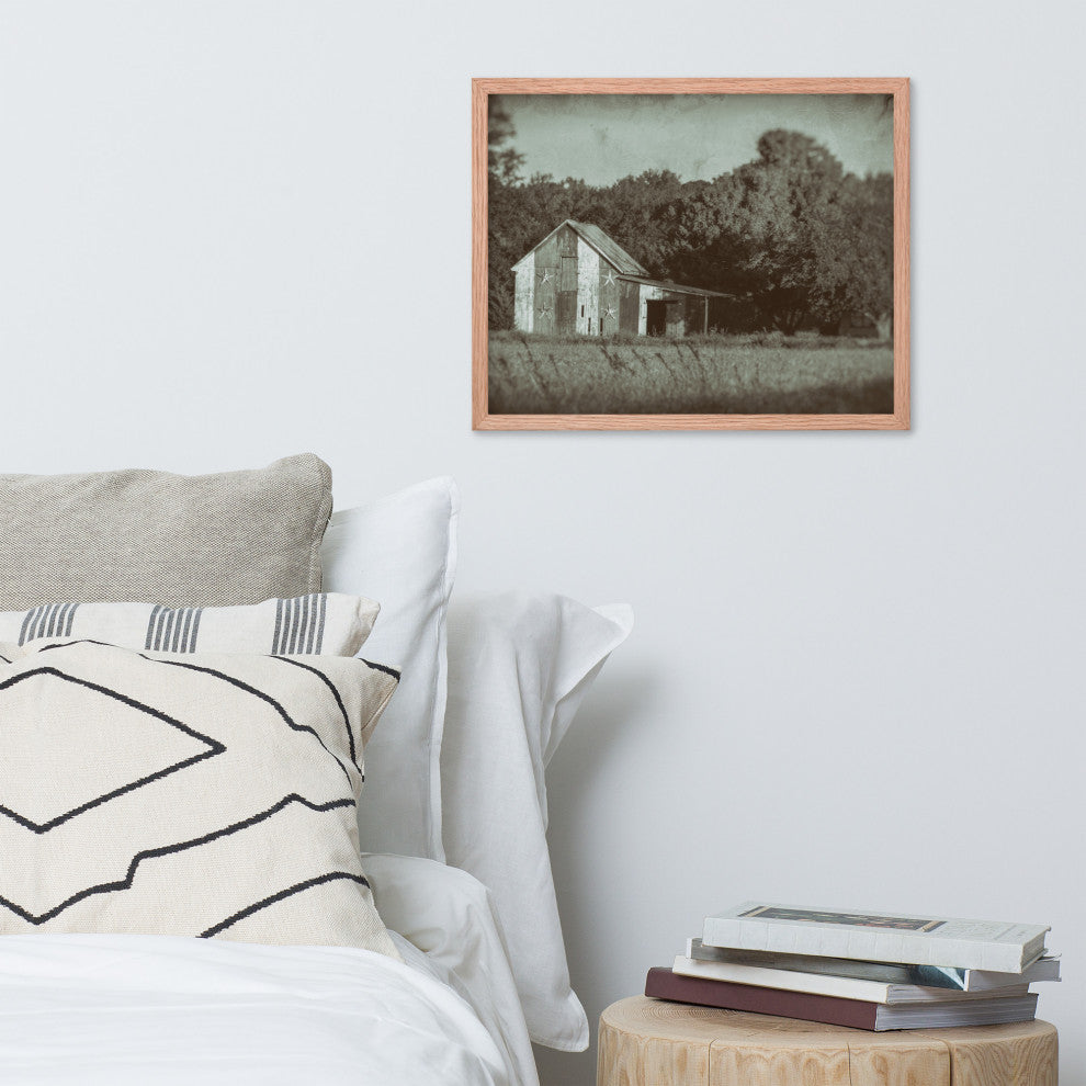 Patriotic Barn in Field Vintage Black and White Framed Photo Wall Art Print, Red Oak, 16" X 20"