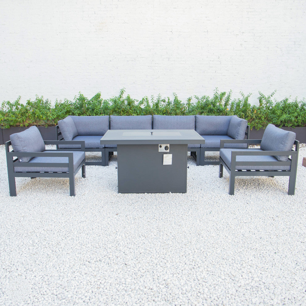 LeisureMod Chelsea 7-Piece Outdoor Sectional With Fire Pit Table, Blue
