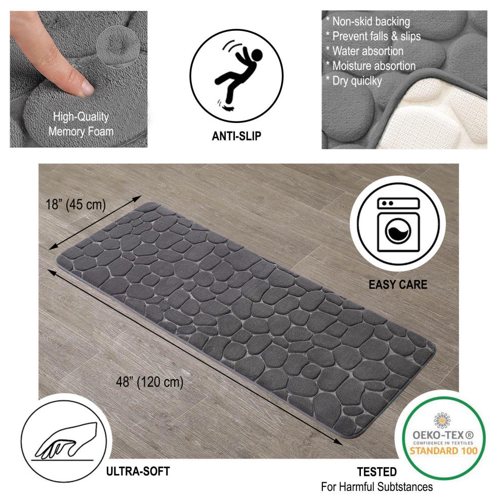Bath Rug Memory Foam Mat 3D Pebble, Dark Gray, Runner Mat 48"