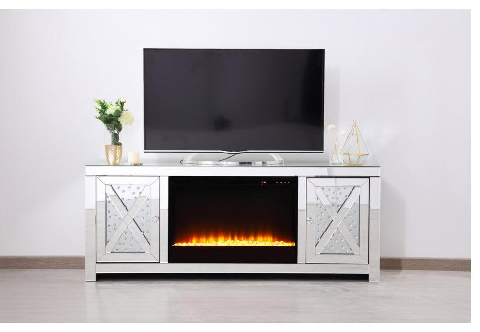 59"Crystal Mirrored Tv Stand With Crystal Insert Fireplace
