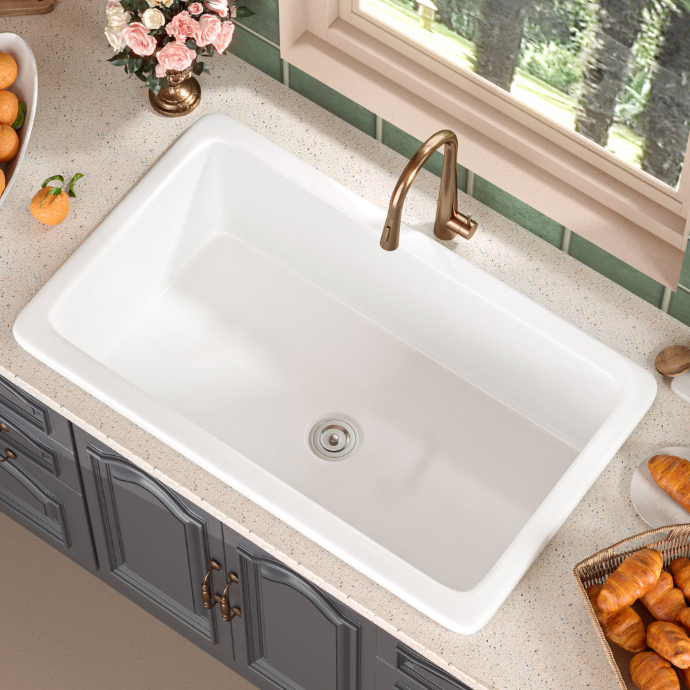 32"L x 19"W Undermount Fireclay Kitchen Sink with Sink Grid and Basket Strainer