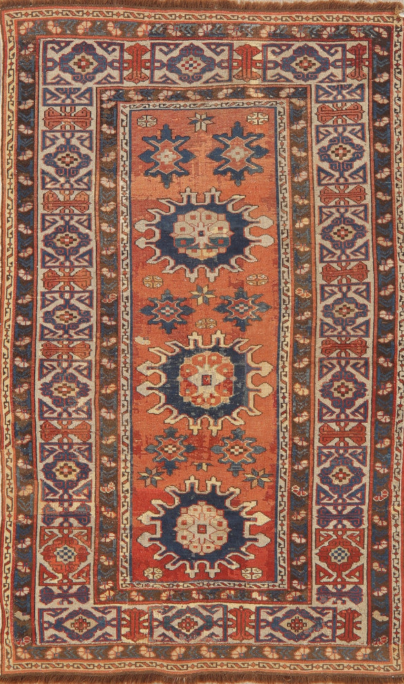 Consigned, Antique Russian Oriental Traditional Handmade Area Rug, Orange, 3x5