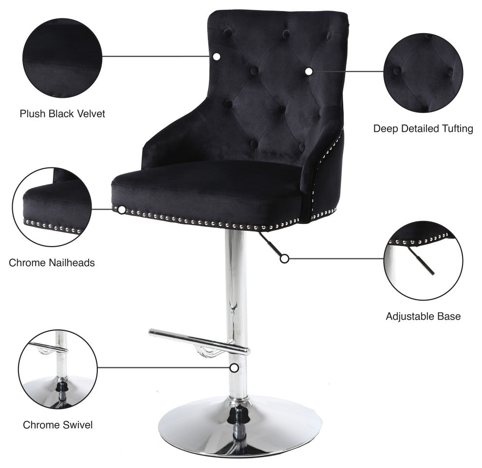Claude Velvet Upholstered Adjustable Stool, Black, Chrome Base