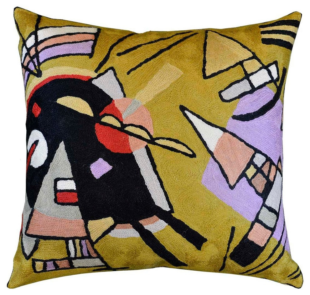 Kandinsky Throw Pillow Black And Violet Decorative Hand Embroidered Wool 18x18"