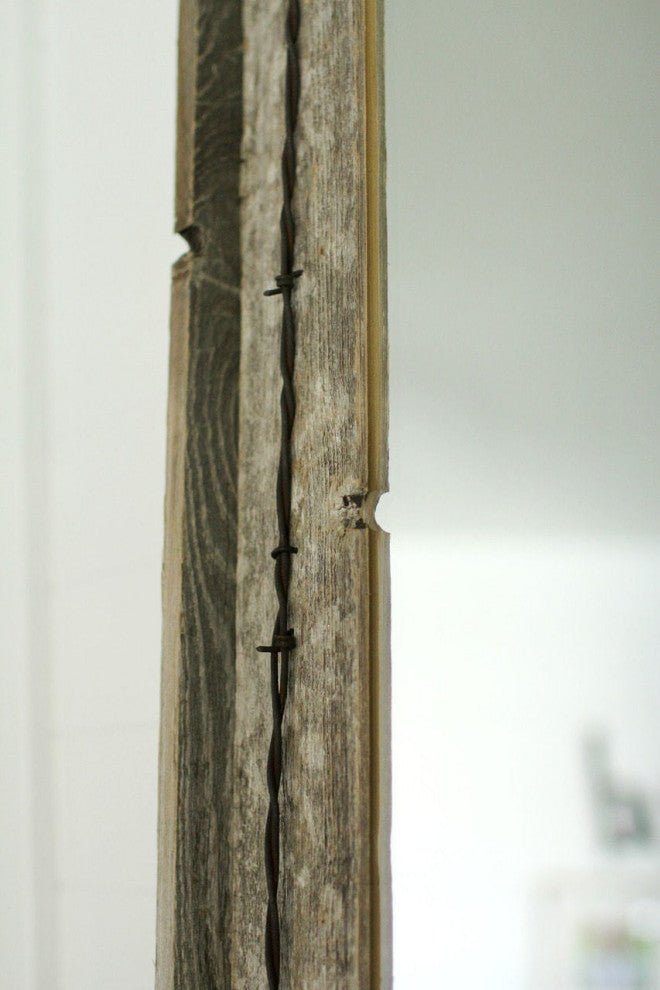 Rustic Mirror, Cornerblock Barnwood With Barbed Wire, 28"x34"