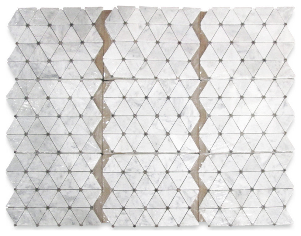 White Carrara Marble Triangle Mosaic Tile Emperador Dark Dots Polished, 1 sheet