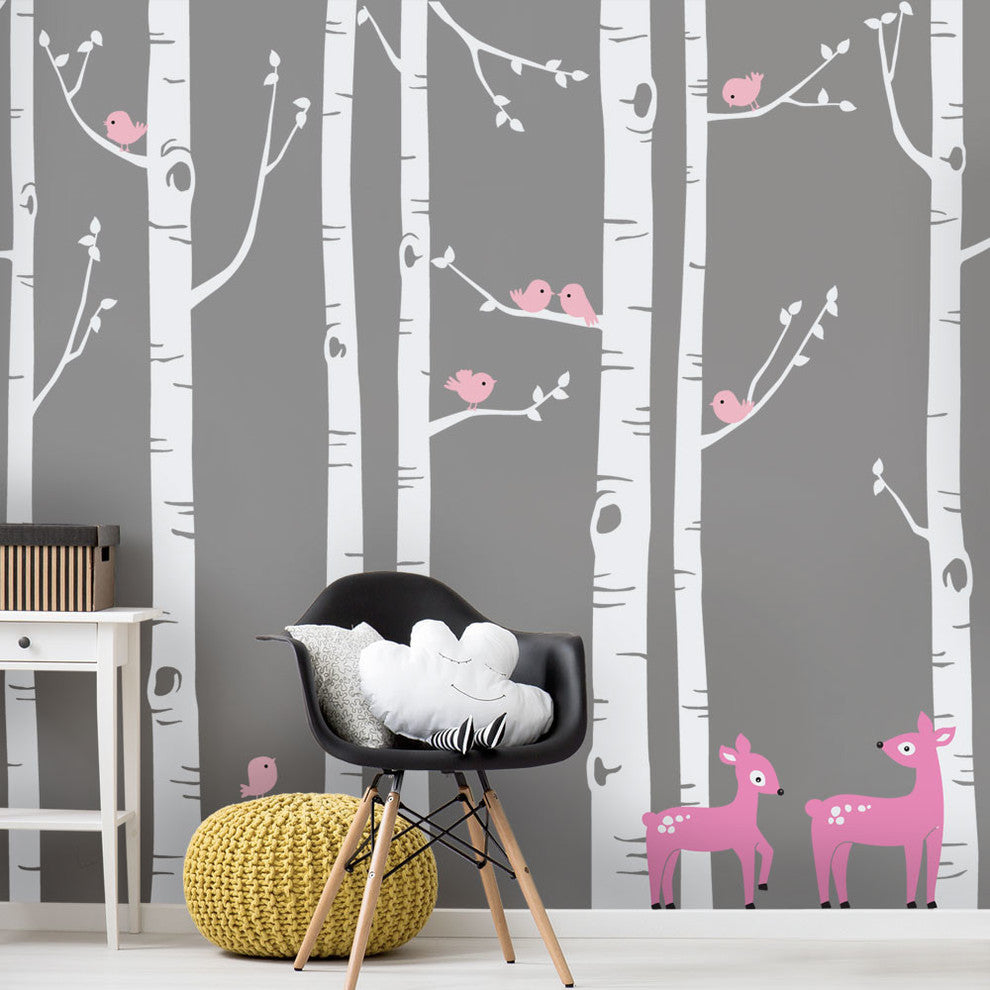 Birch Tree with Bird and Deer Wall Decals, Scheme C, Standard
