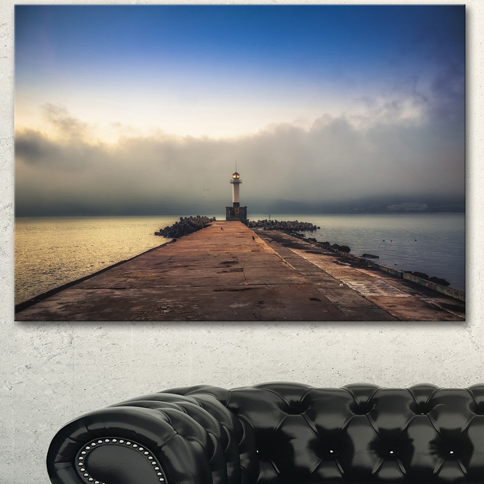 Lighthouse on Coast and Cloudy Sky, Modern Canvas Art Print, 60"x28"