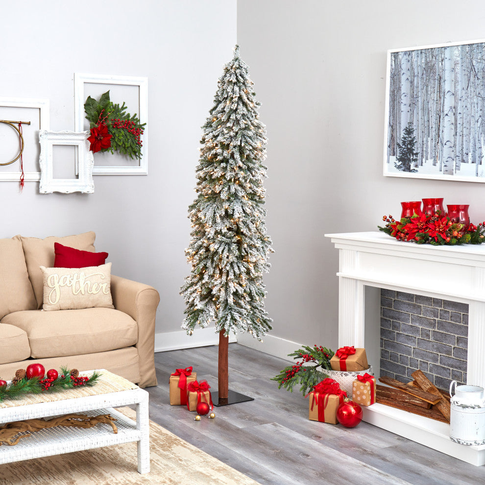 7' Flocked Grand Alpine Faux Xmas Tree W/Lights, Bendable Branches