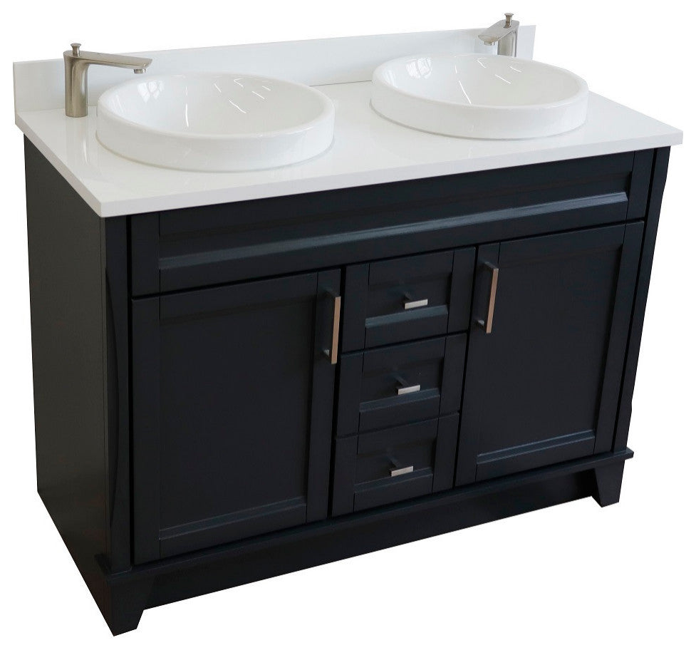 48" Double Sink Vanity, Dark Gray Finish With Engineered Stone Top, Round Sink