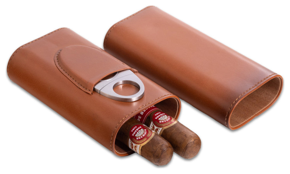 Brown Leather 3 Cigar Holder, Stainless Steel Cutter