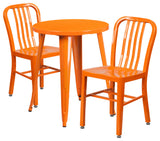 24" Round Orange Metal 3-Piece Table Set With 2 Vertical Slat Back Chairs