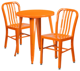 24" Round Orange Metal 3-Piece Table Set With 2 Vertical Slat Back Chairs