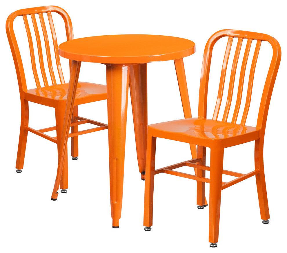 24" Round Orange Metal 3-Piece Table Set With 2 Vertical Slat Back Chairs