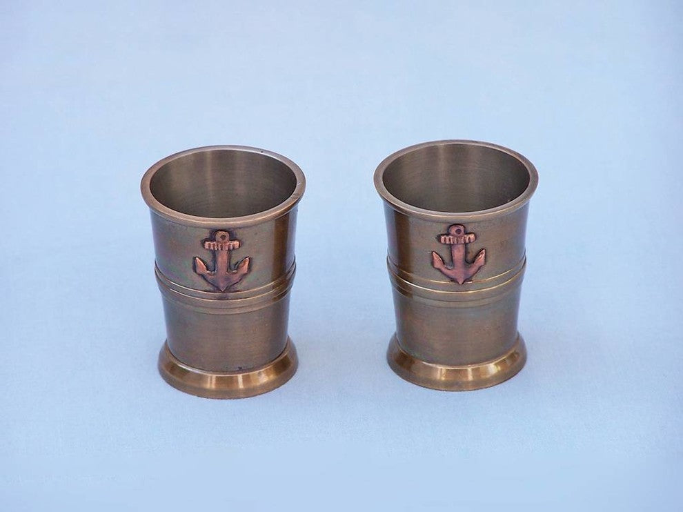 Antique Brass Anchor Shot Glasses With Rosewood Box 4'''', Set of 2, Brand New