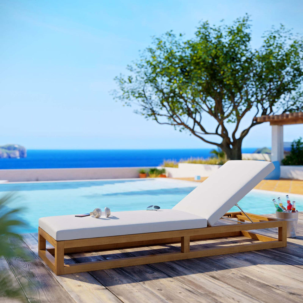 Lounge Chair Chaise, Wood, Brown Natural White, Modern, Outdoor Patio Bistro