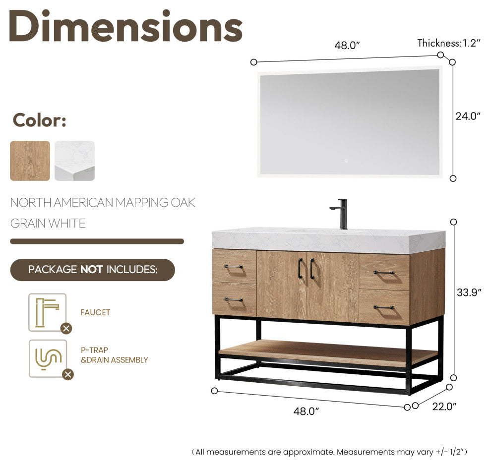 Alistair Vanity, North American Oak, Matte Black Hardware, 48", With Mirror