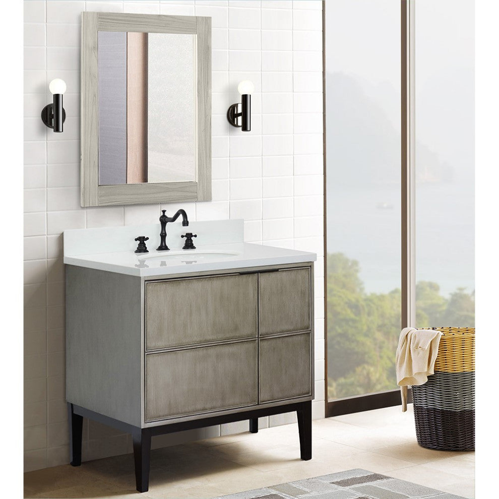 37" Single Vanity, Linen Brown Finish With Engineered Stone Top And Oval Sink
