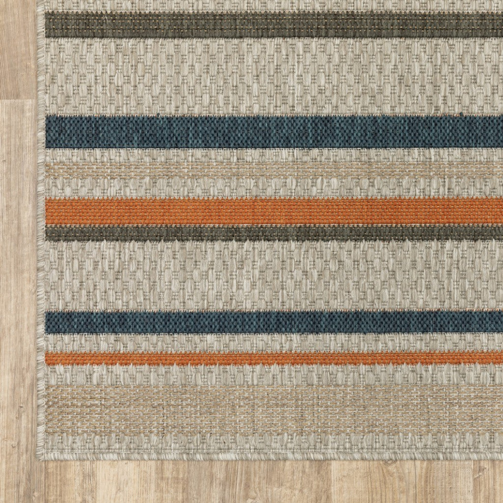 7' x 9' Blue and Gray Striped Indoor Outdoor Area Rug