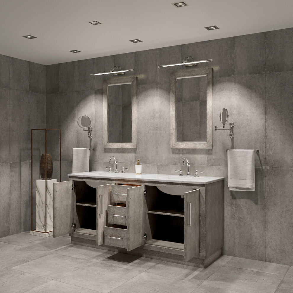 Hugo 72 Double Sink White Marble Vanity, Gray Oak With Hook Faucets and Mirrors