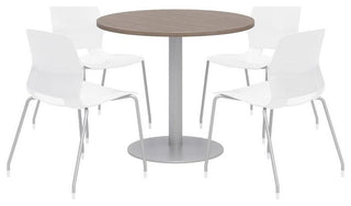 Olio Designs Round 36in Lola Dining Set - Teak - Table - White Chairs
