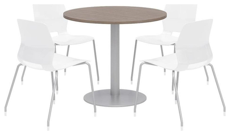 Olio Designs Round 36in Lola Dining Set - Teak - Table - White Chairs