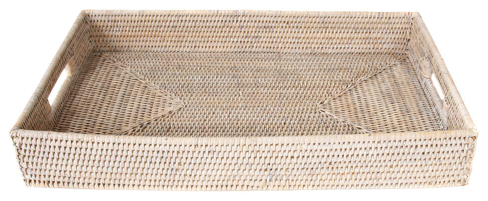 Artifacts Rattan Rectangular Tray With Cutout Handles, White Wash, Medium