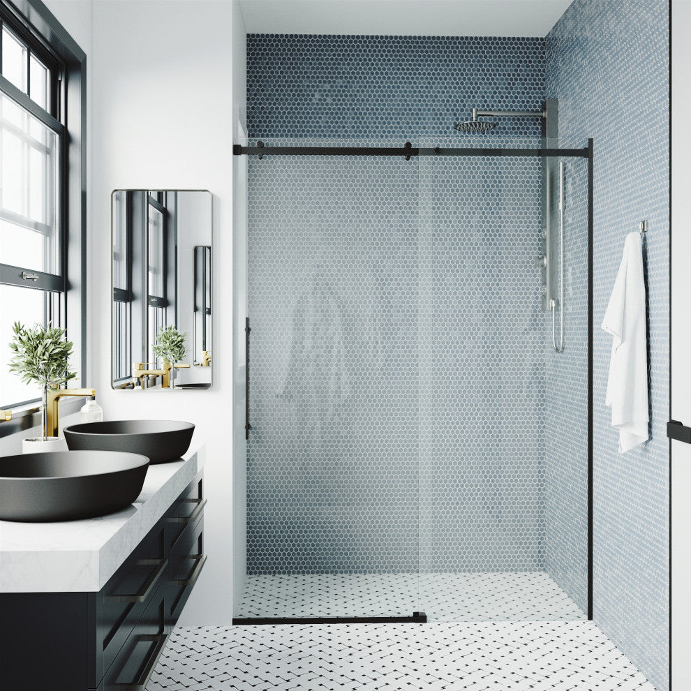 VIGO Luca 56" to 60" W x 79" H Frameless Sliding Shower Door, Matte Black, Clear Glass