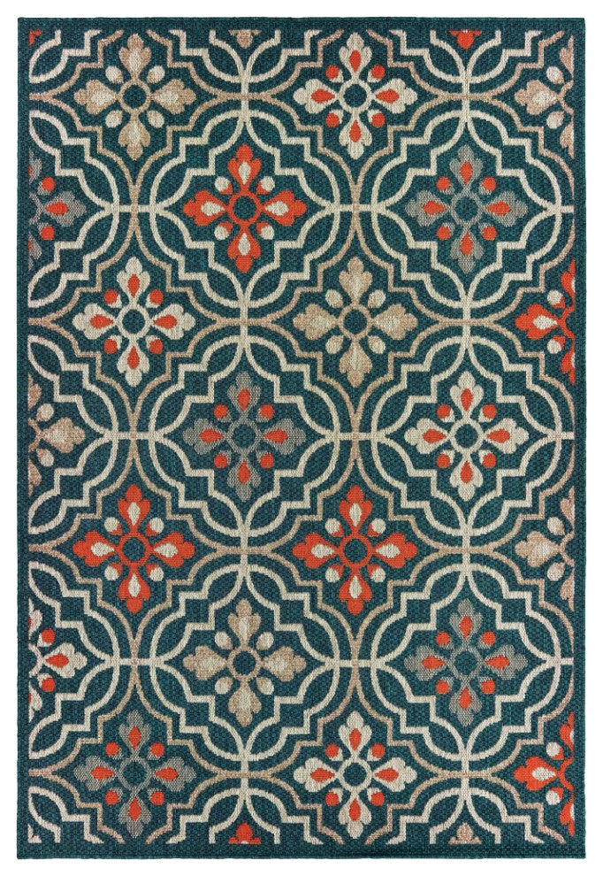 7' x 10' Blue Orange Floral Lattice Indoor Outdoor Area Rug