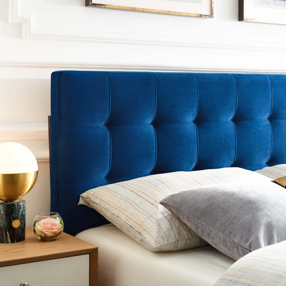 Contemporary Modern Full Size Tufted Headboard, Velvet Fabric, Navy Blue