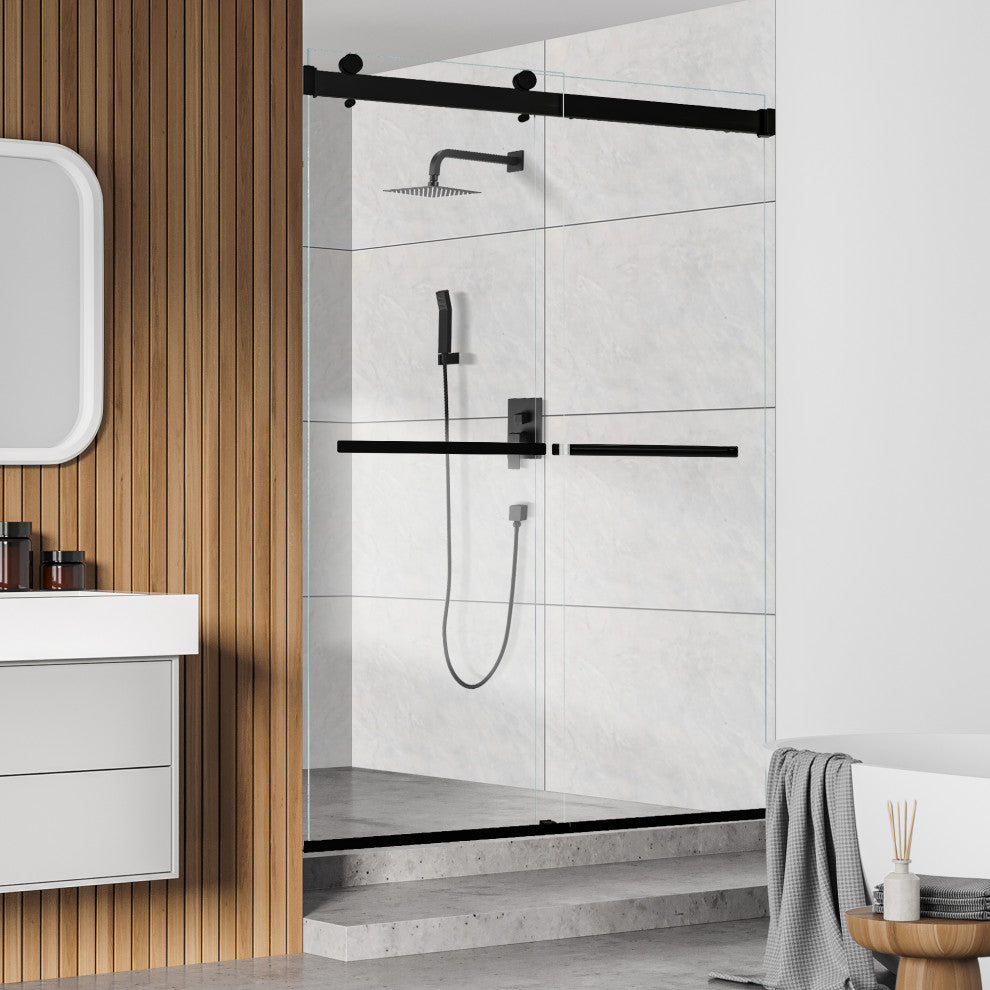 Marcelo By Pass Frameless Shower Door, Clear Glass, Matte Black, 48"wx76"h